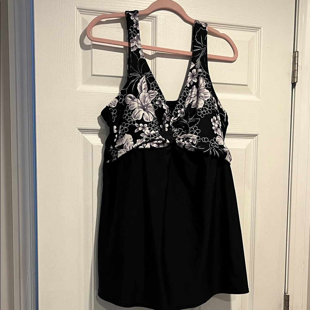 Delta Burke Black One-Piece Swimdress with White Floral Print